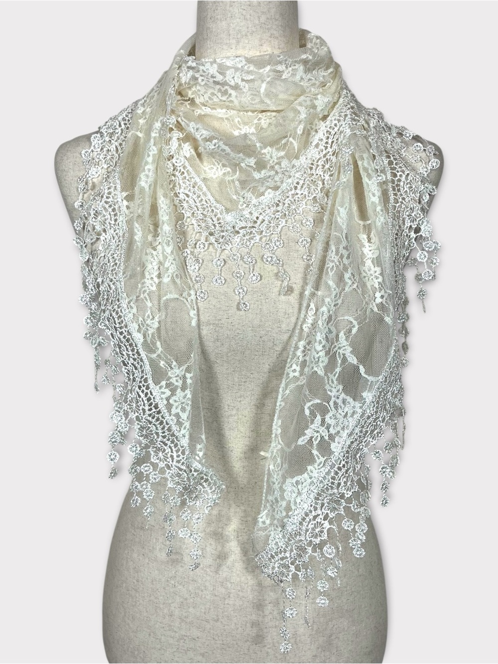 Floral Lace Crochet Fringe Scarf Wrap Delicate Coquette Fairy Romanitc Feminine
